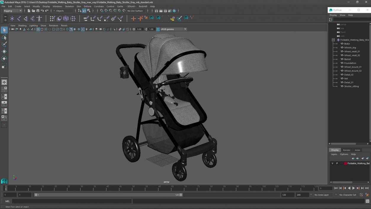 3D model Foldable Walking Baby Stroller Gray