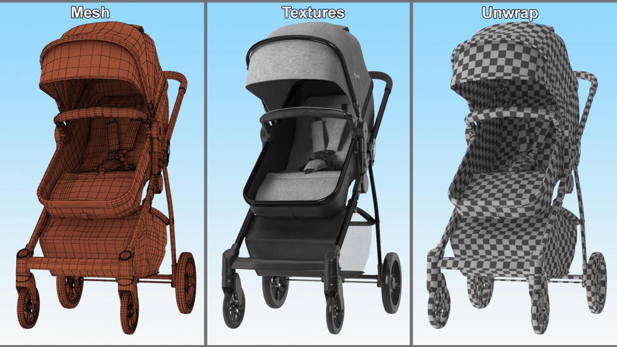 3D model Foldable Walking Baby Stroller Gray