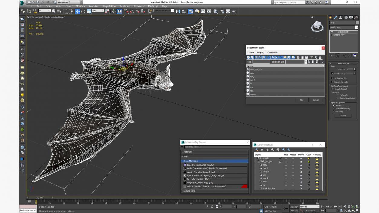 3D Black Bat Fur model