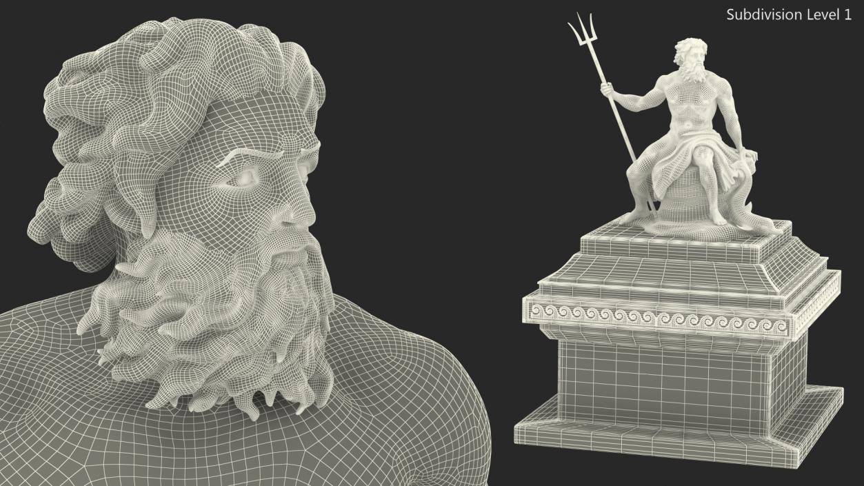 3D Poseidon Marble Statue with Pedestal