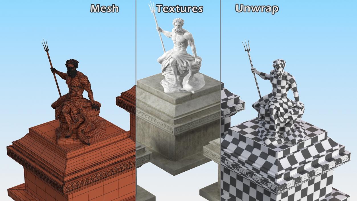 3D Poseidon Marble Statue with Pedestal