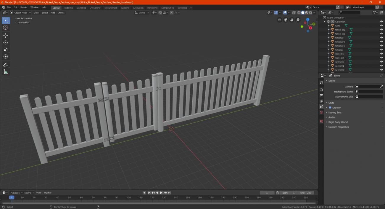 3D White Picked Fence Section