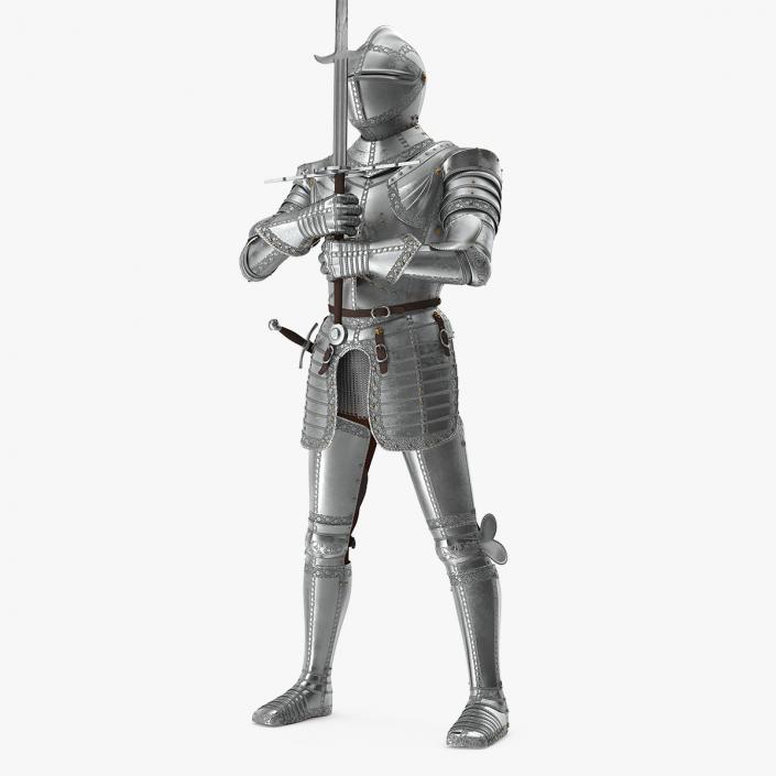 3D model Polished Medieval Knight Plate Armor Holding Zweihander