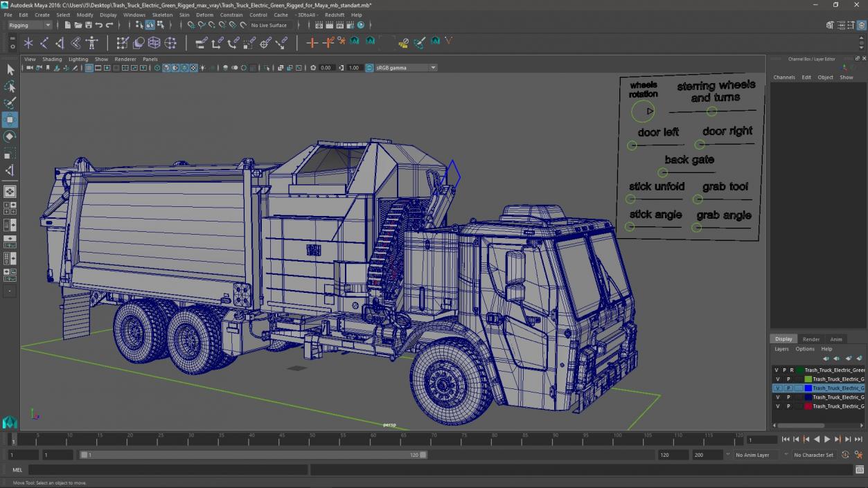 Trash Truck Electric Green Rigged for Maya 3D