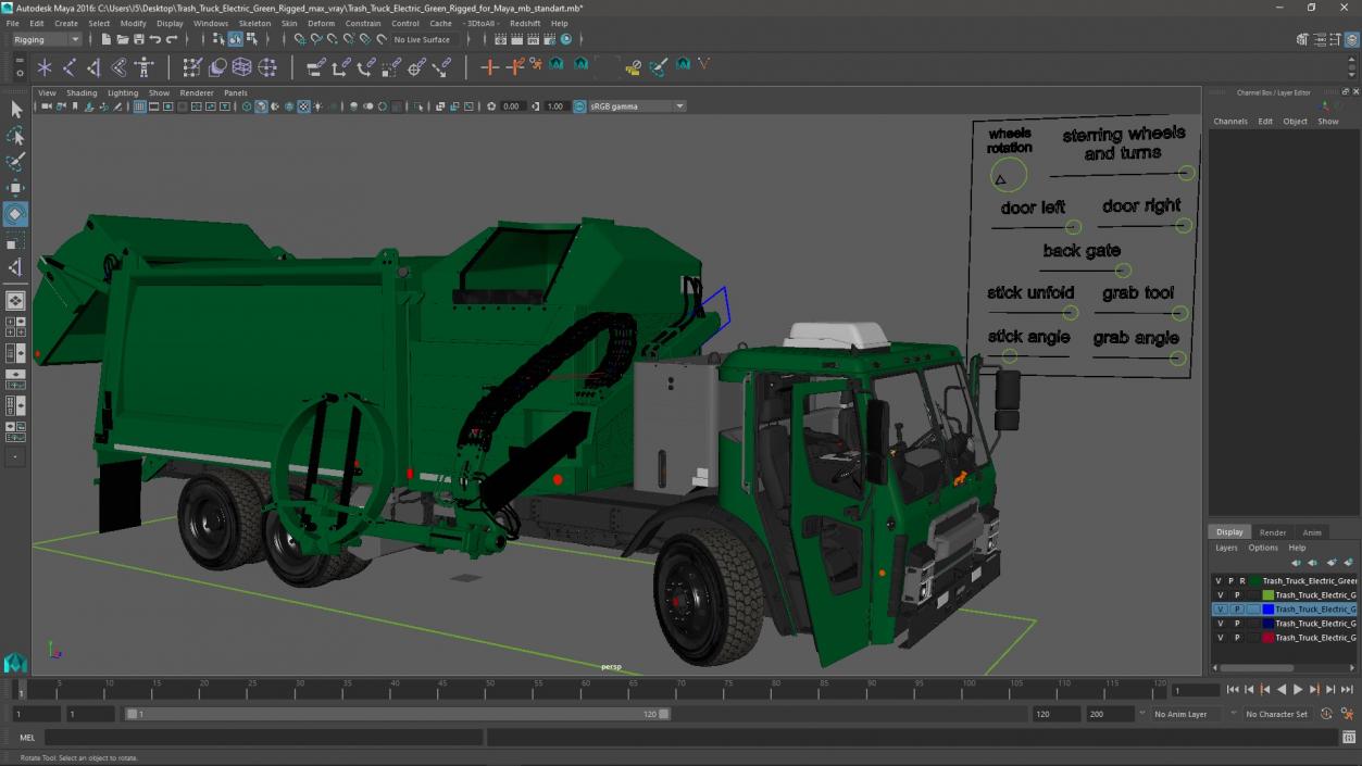 Trash Truck Electric Green Rigged for Maya 3D