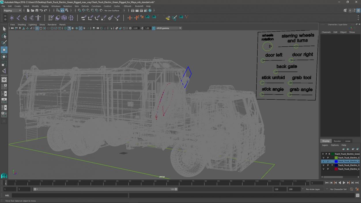 Trash Truck Electric Green Rigged for Maya 3D