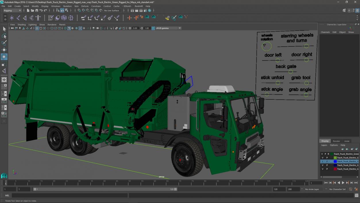 Trash Truck Electric Green Rigged for Maya 3D