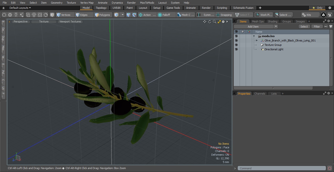 3D Olive Branch with Black Olives Lying