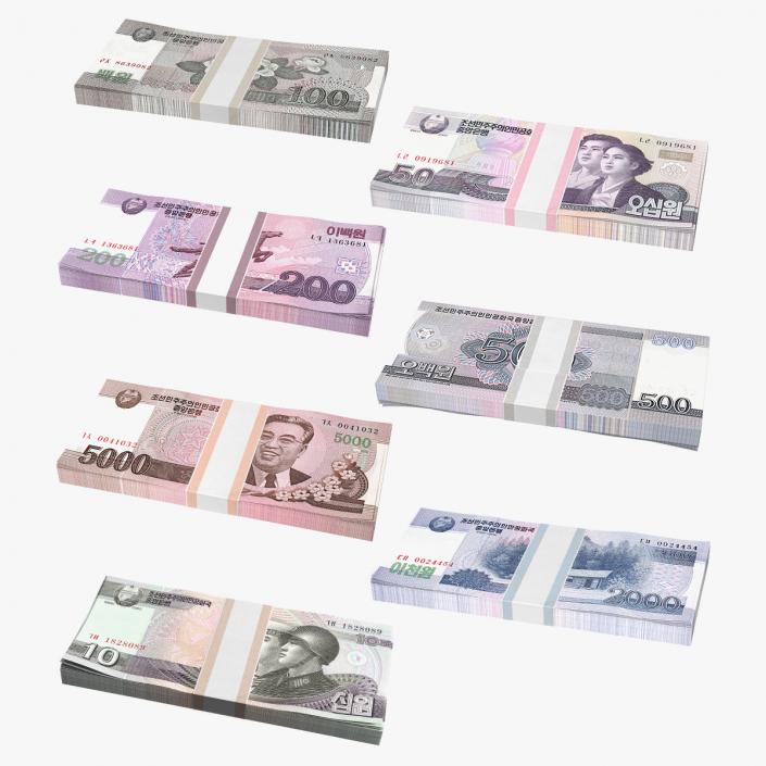 North Korea Banknotes Bundles Collection 5 3D