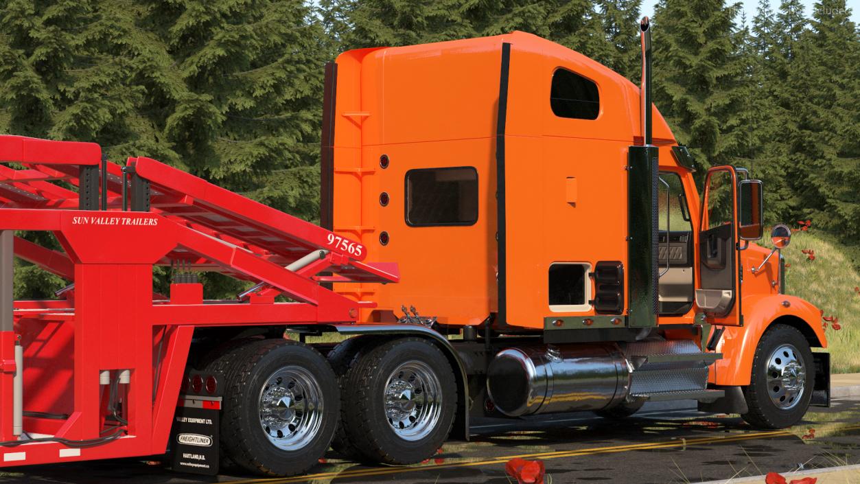 Freightliner Truck With Car Carrier Rigged 3D