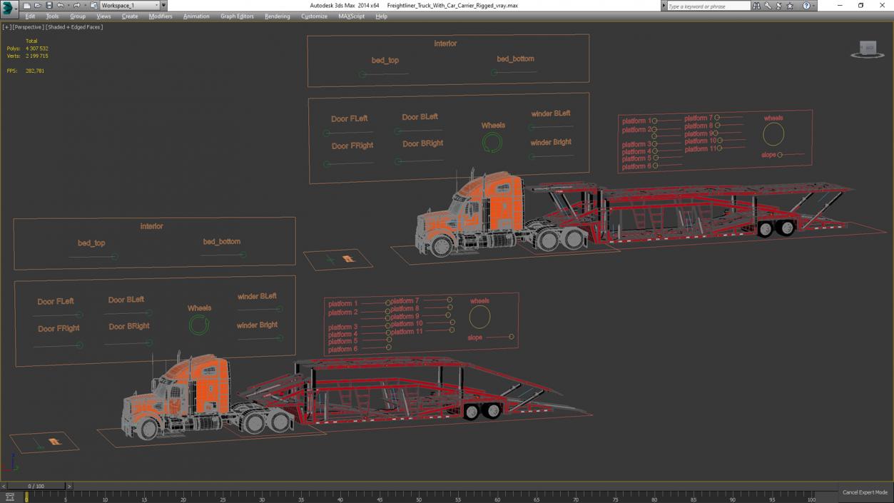 Freightliner Truck With Car Carrier Rigged 3D