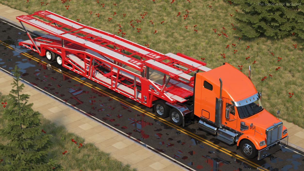 Freightliner Truck With Car Carrier Rigged 3D