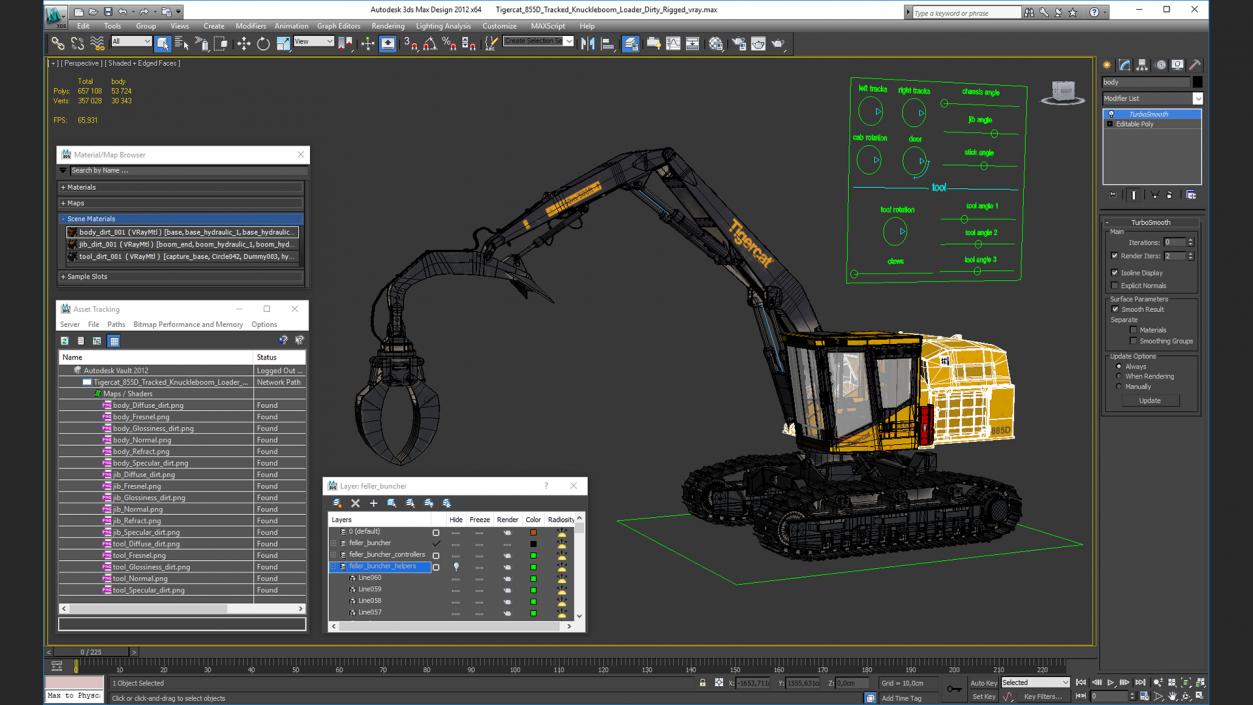 3D Tigercat 855D Tracked Knuckleboom Loader Dirty Rigged model