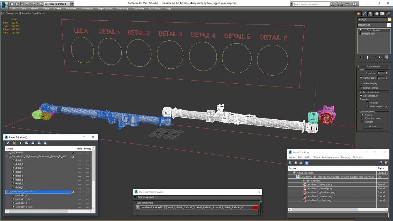 3D Canadarm2 ISS Remote Manipulator System Rigged