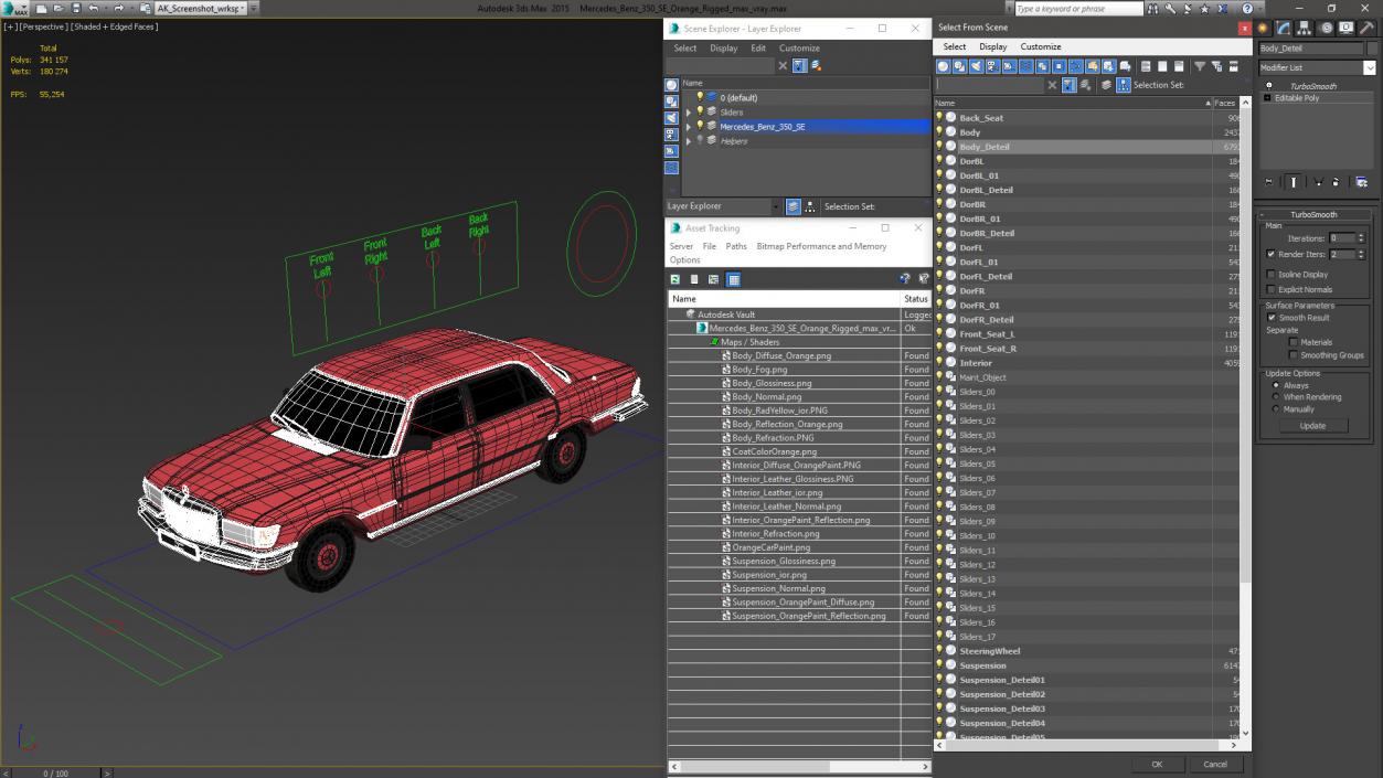 Mercedes Benz 350 SE Orange Rigged 3D model