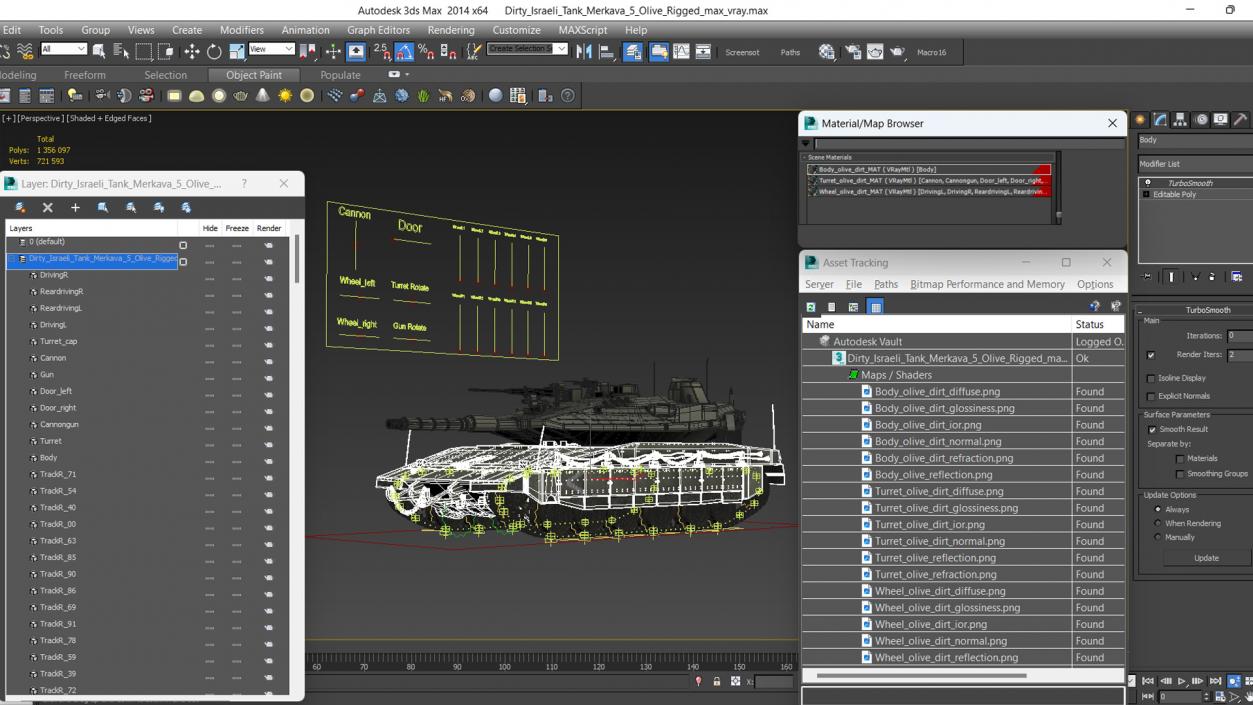 3D Dirty Israeli Tank Merkava 5 Olive Rigged