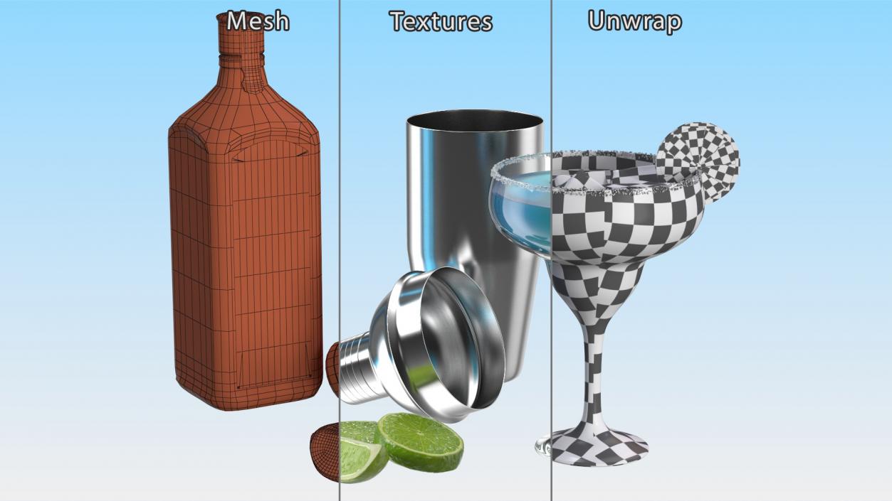 3D model Blue Margarita Cocktail with Ingredients