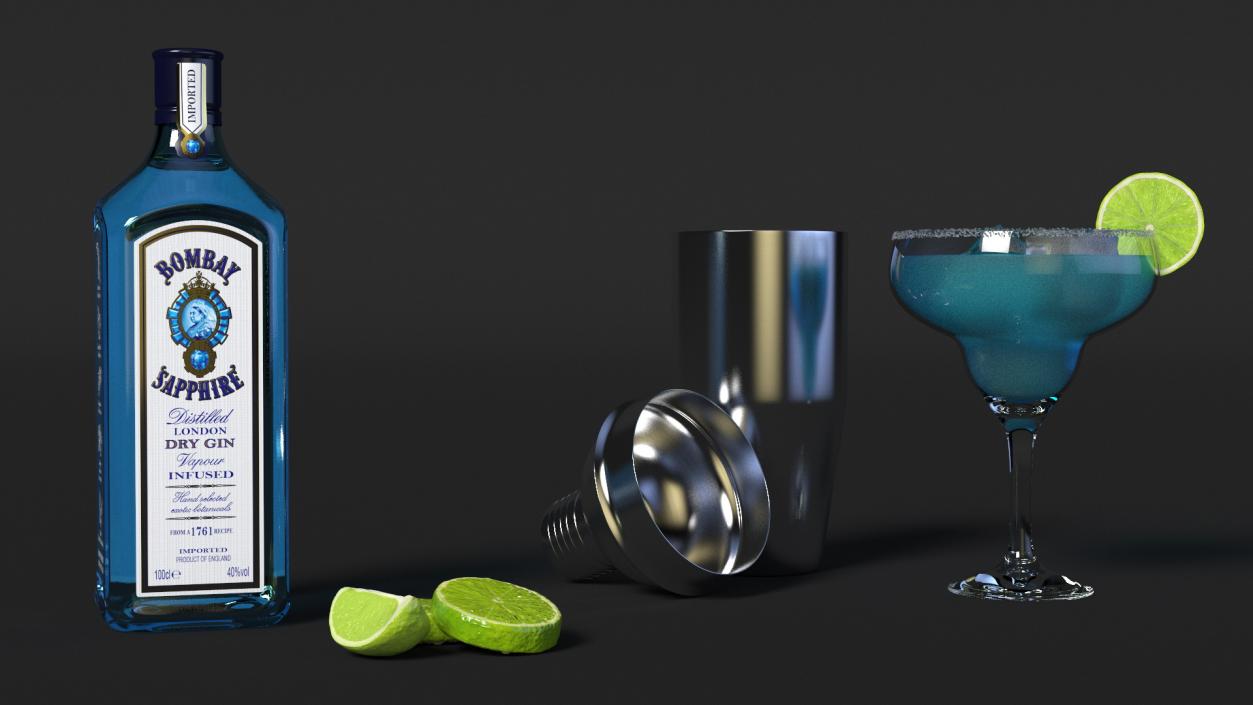 3D model Blue Margarita Cocktail with Ingredients