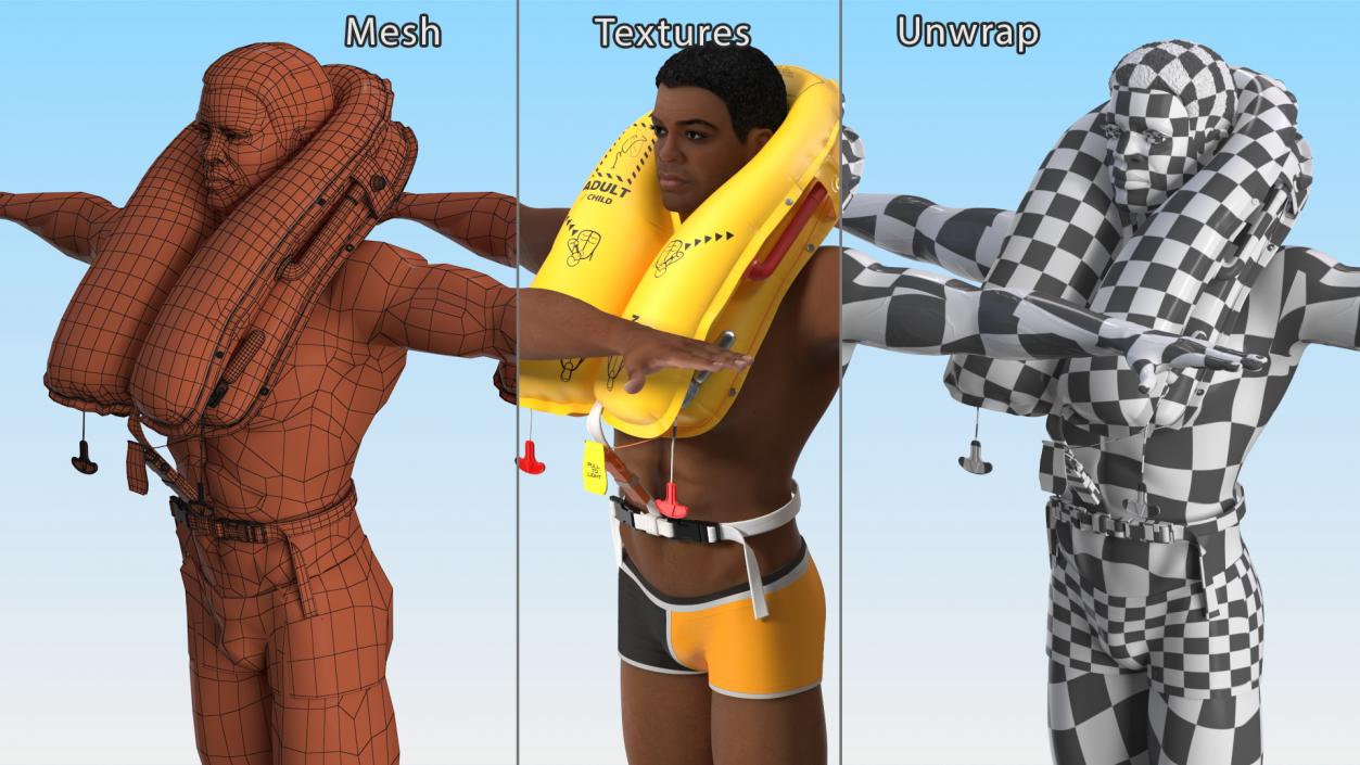 Black Man with Inflatable Life Vest T-Pose 3D