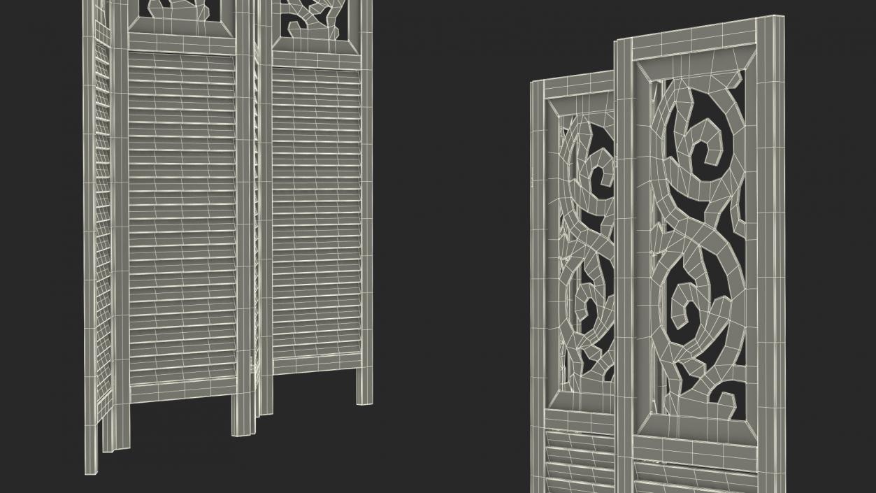 Gray Carved Wood Folding Room Divider 3D