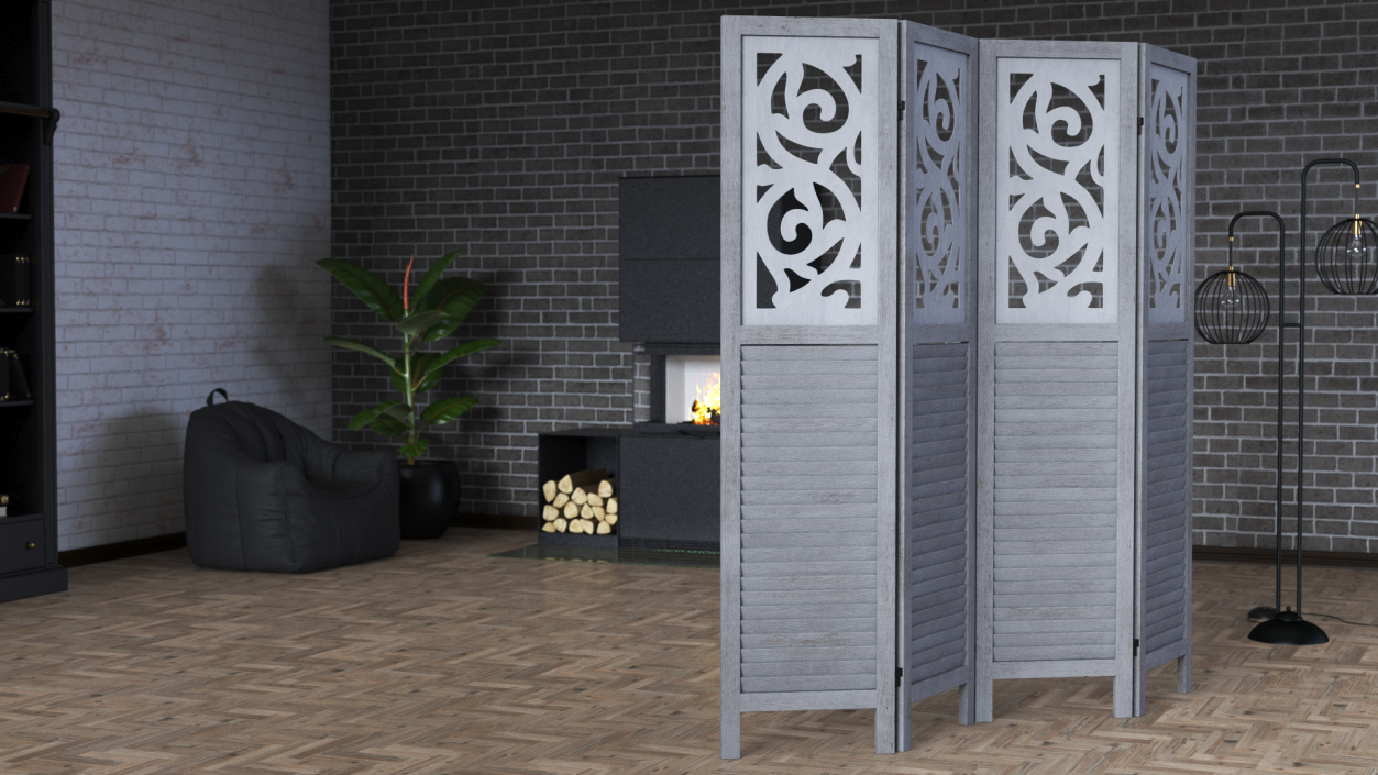 Gray Carved Wood Folding Room Divider 3D