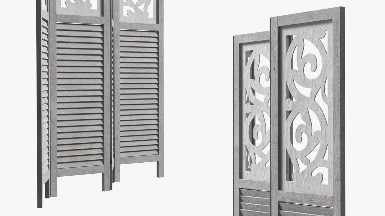 Gray Carved Wood Folding Room Divider 3D