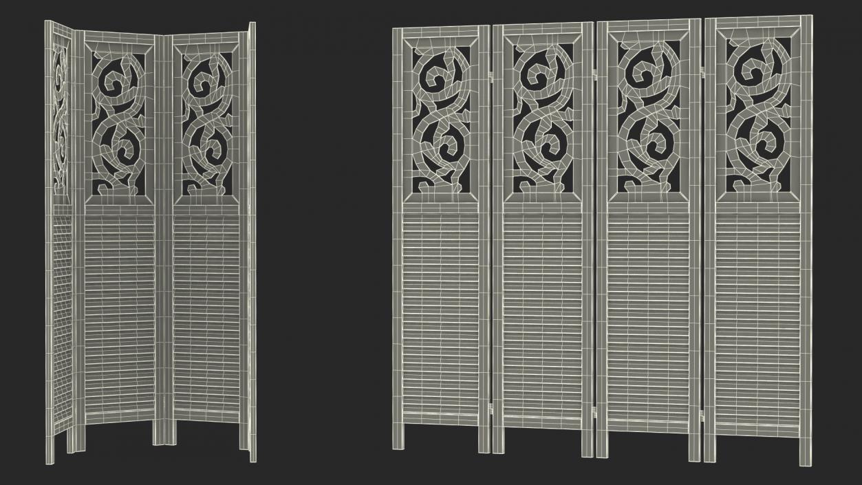 Gray Carved Wood Folding Room Divider 3D