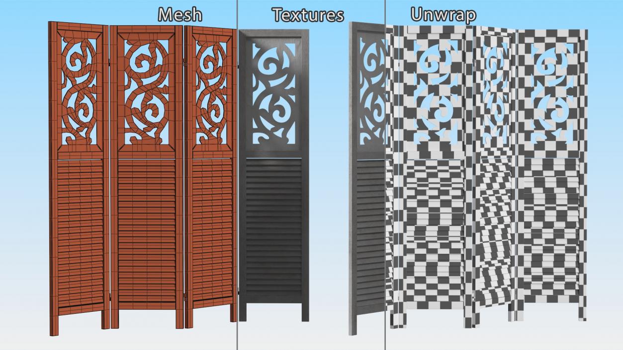 Gray Carved Wood Folding Room Divider 3D