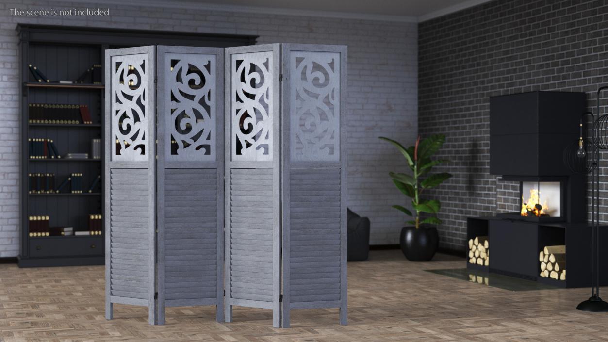 Gray Carved Wood Folding Room Divider 3D