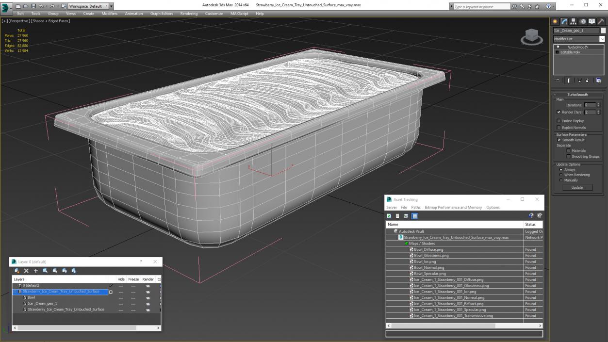 3D Strawberry Ice Cream Tray Untouched Surface model