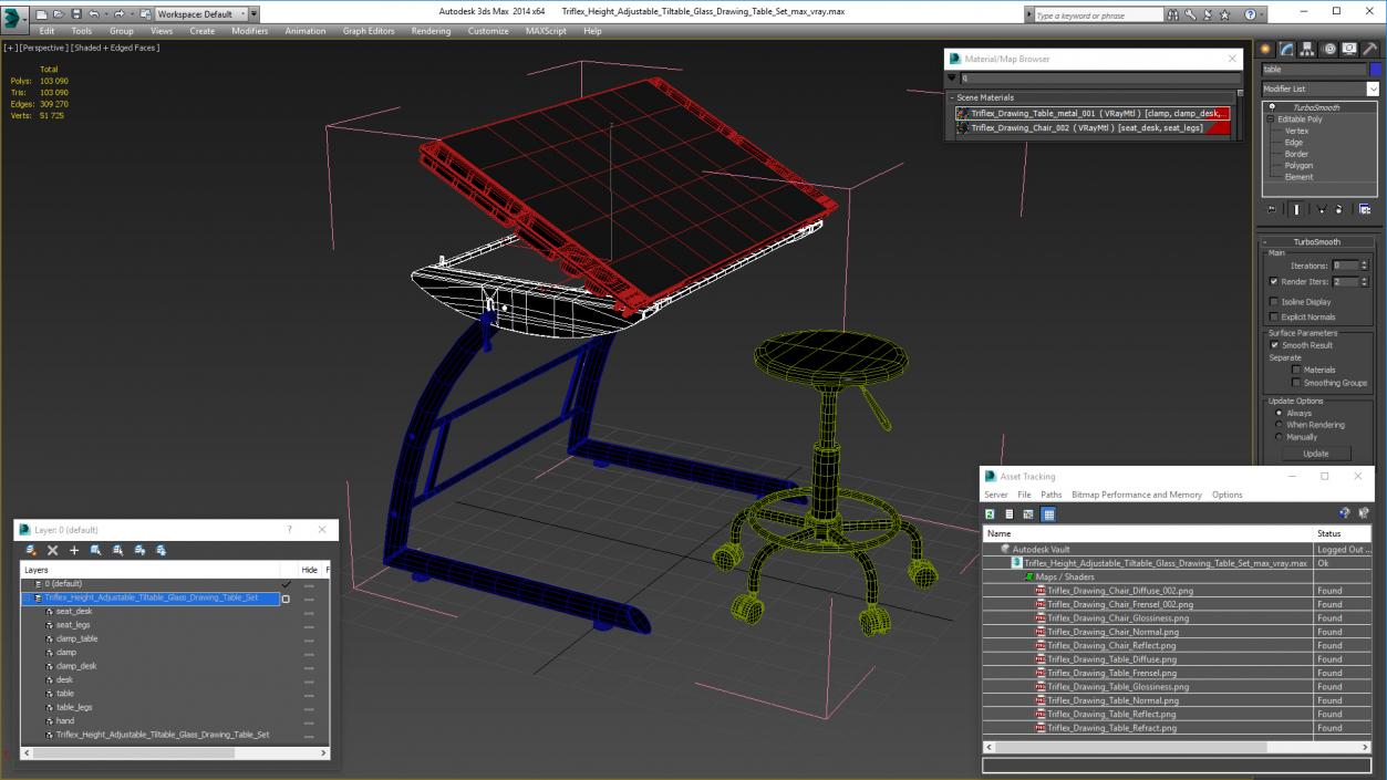 3D Triflex Height Adjustable Tiltable Glass Drawing Table Set model