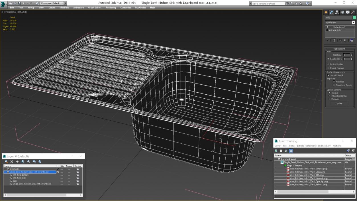 3D model Single Bowl Kitchen Sink with Drainboard