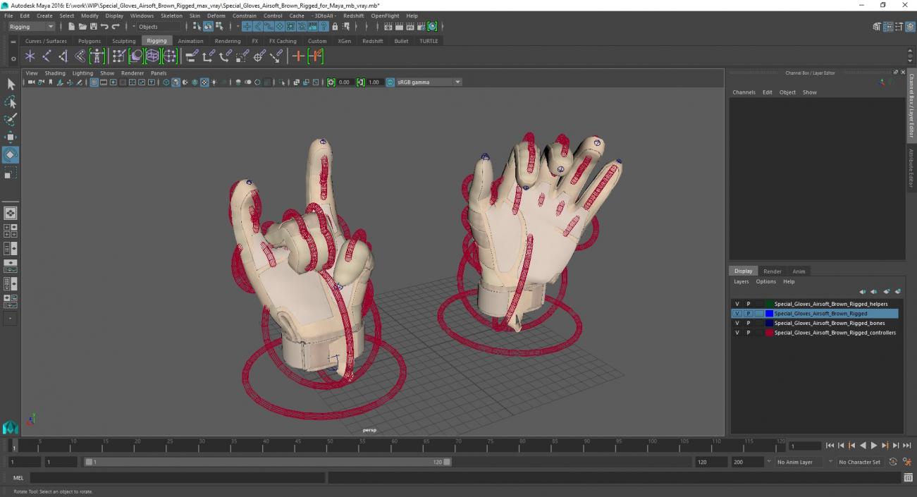 Special Gloves Airsoft Brown Rigged for Maya 3D model