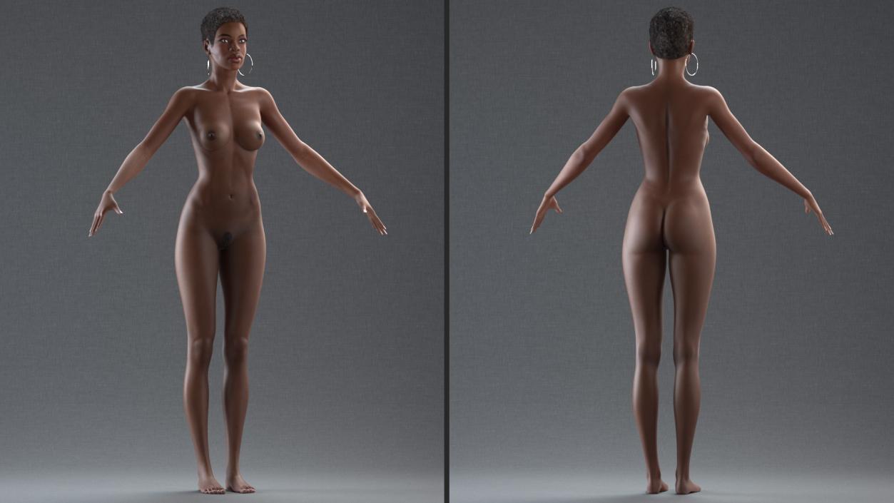 Nude Dark Skin Woman T Pose 3D