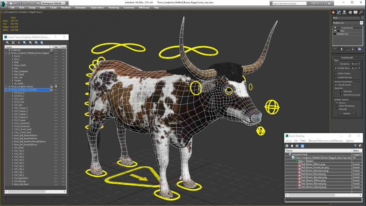 3D model Texas Longhorn Mottled Brown Rigged