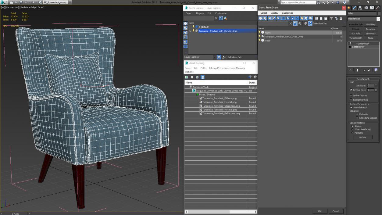 3D model Turquoise Armchair with Curved Arms