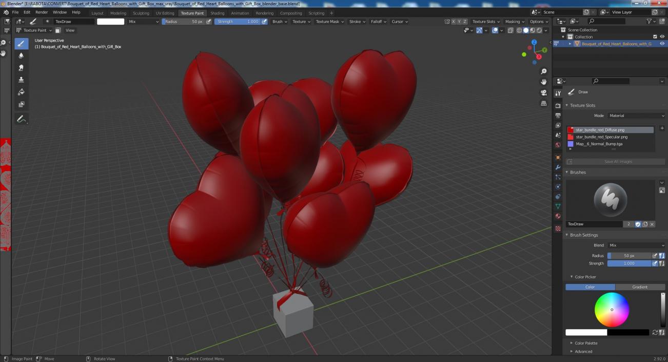 3D Bouquet of Red Heart Balloons with Gift Box model