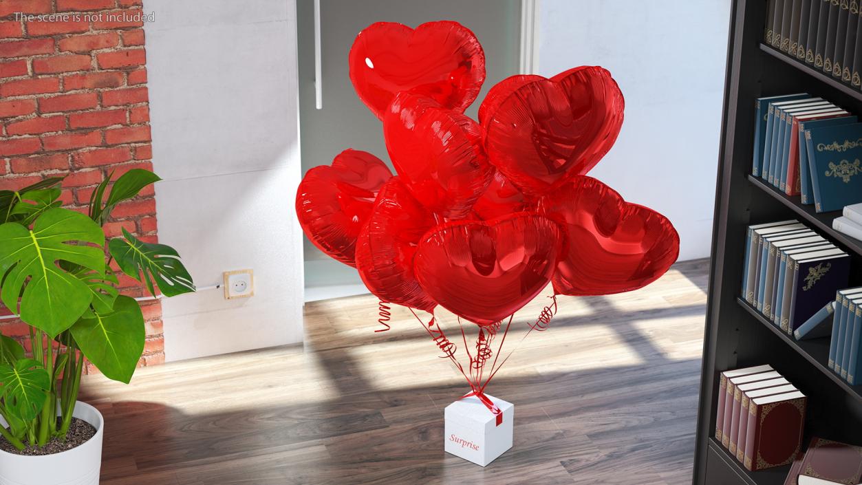 3D Bouquet of Red Heart Balloons with Gift Box model