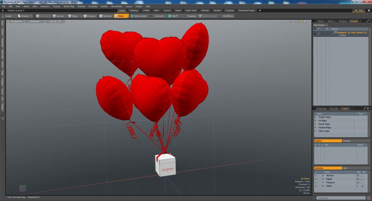 3D Bouquet of Red Heart Balloons with Gift Box model