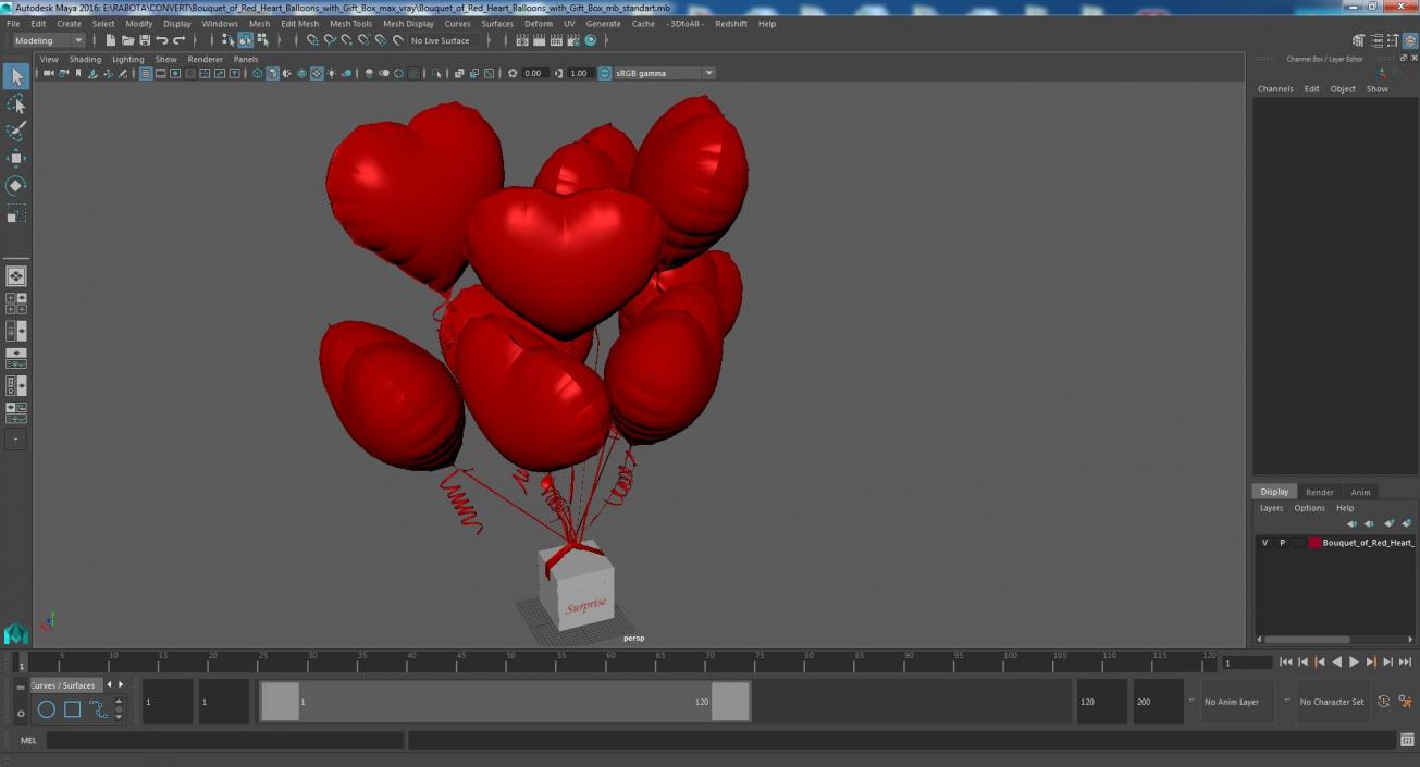 3D Bouquet of Red Heart Balloons with Gift Box model