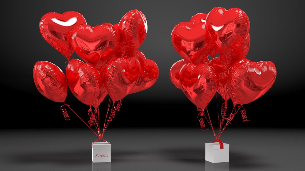 3D Bouquet of Red Heart Balloons with Gift Box model