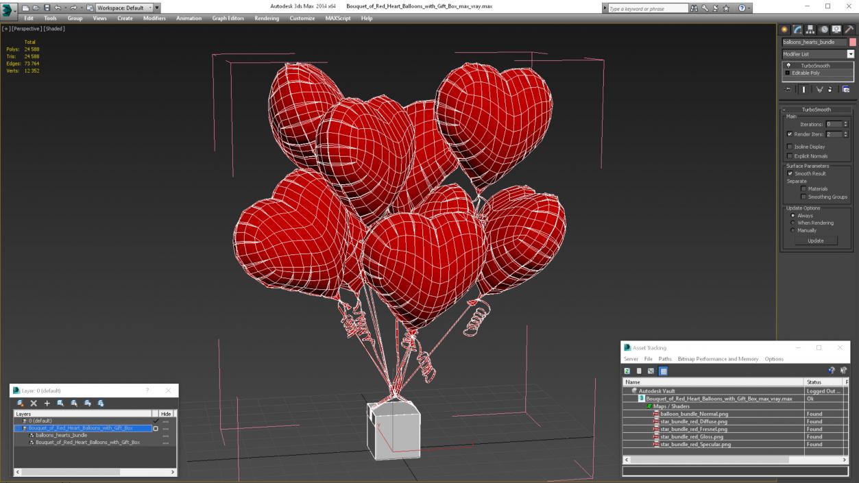 3D Bouquet of Red Heart Balloons with Gift Box model