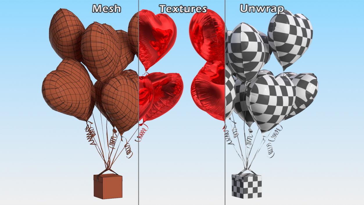 3D Bouquet of Red Heart Balloons with Gift Box model