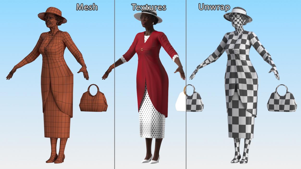 Black Old Lady Party Outfit A-Pose 3D model