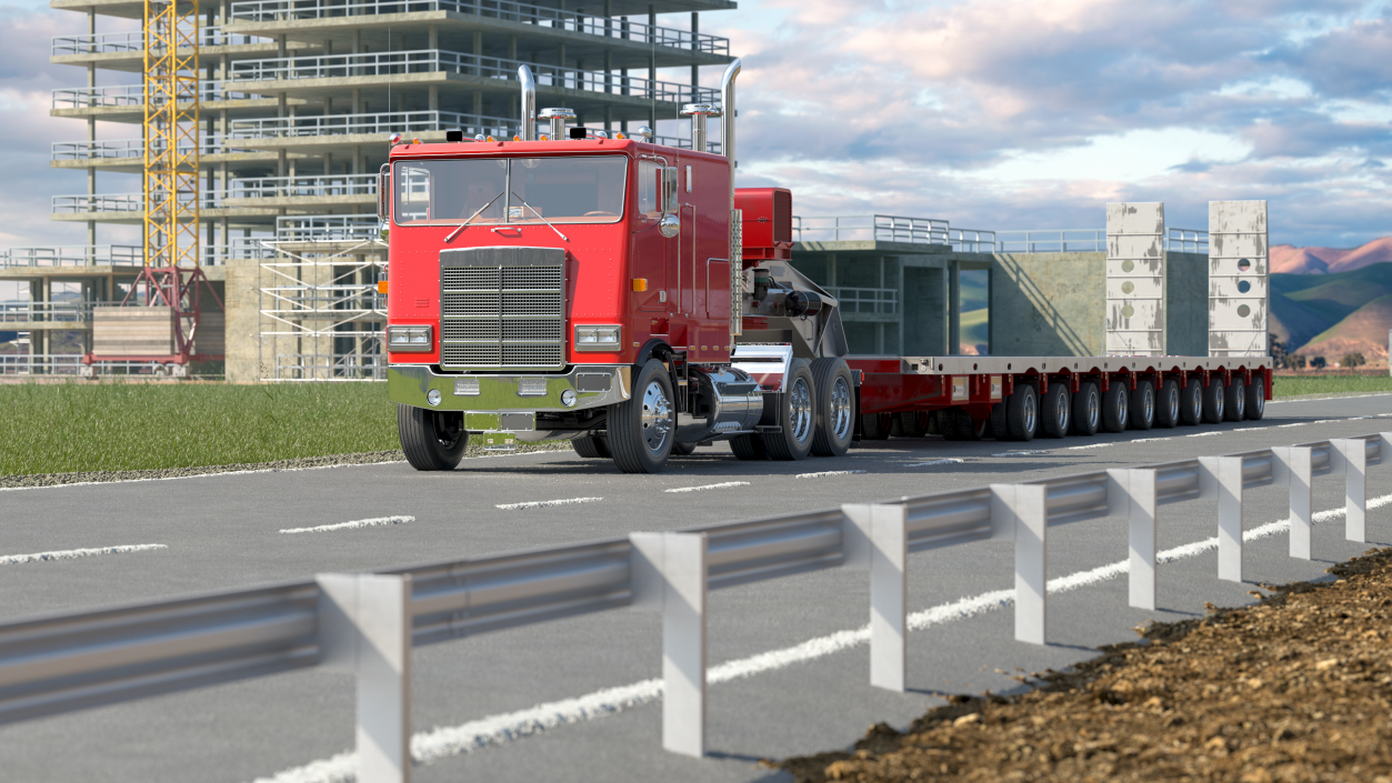 Cabover Truck with Steerable Heavy Transport Trailer 3D