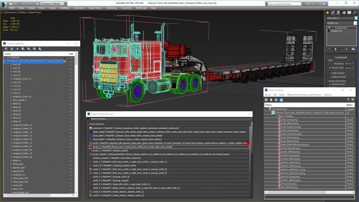 Cabover Truck with Steerable Heavy Transport Trailer 3D