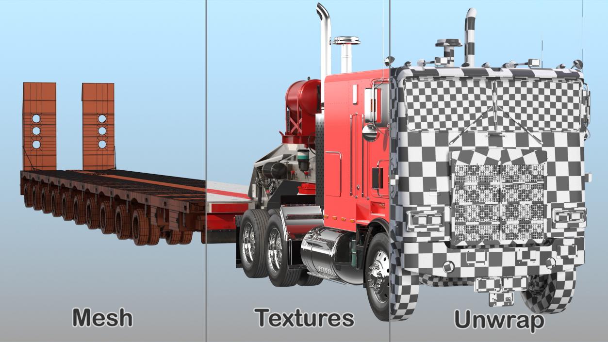 Cabover Truck with Steerable Heavy Transport Trailer 3D