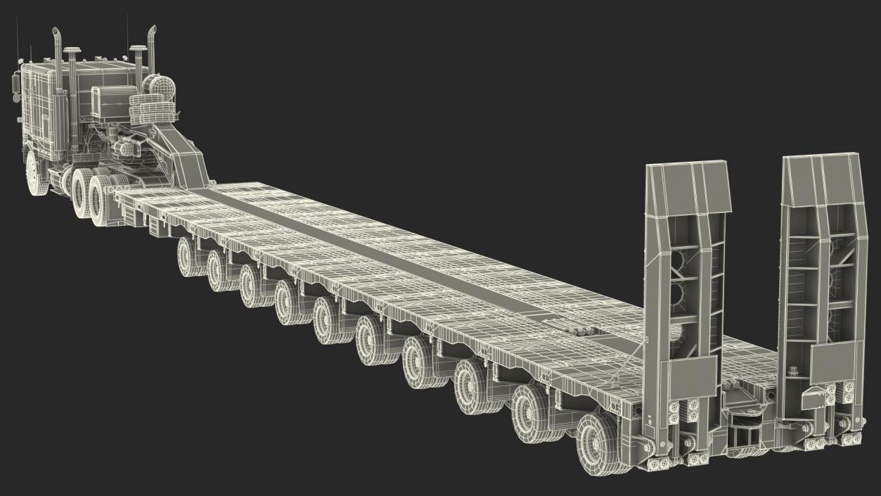 Cabover Truck with Steerable Heavy Transport Trailer 3D