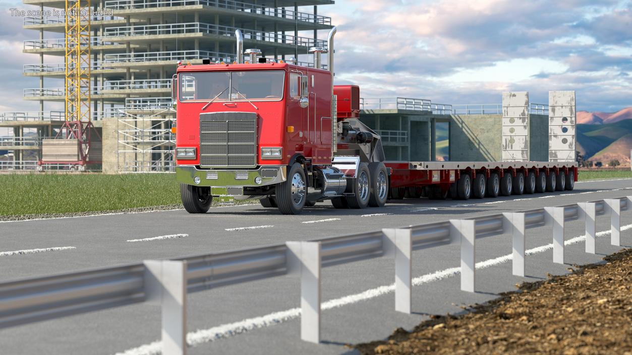 Cabover Truck with Steerable Heavy Transport Trailer 3D