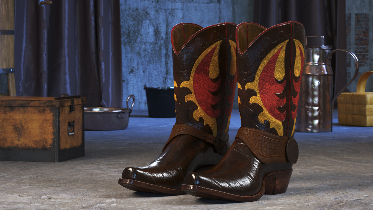 Western Cowboy Boots with Flame Pattern 3D model